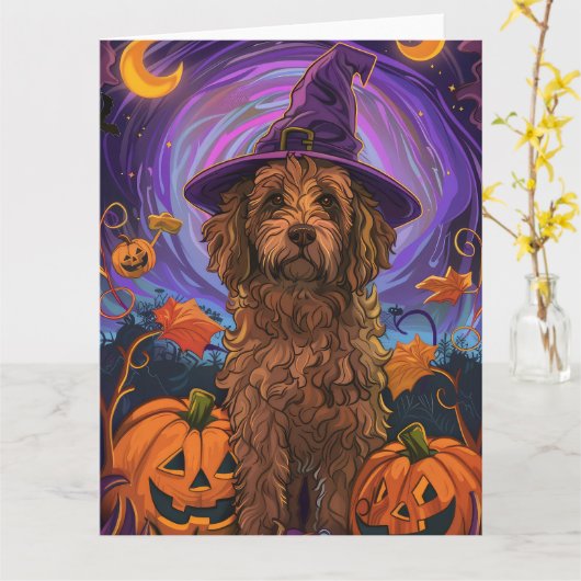 Spooky Goldendoodle Hund Halloween Hexenkürbis Karte (Gelbe Blume)