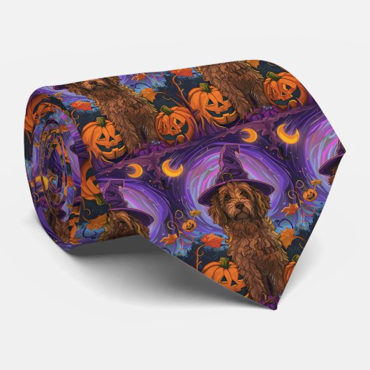 Spooky Goldendoodle Hund Halloween Hexenkürbis Krawatte (Gerollt)