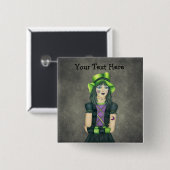 Spooky Goth Teen Girl Green Hat Tattoos Gray Button (Vorne & Hinten)