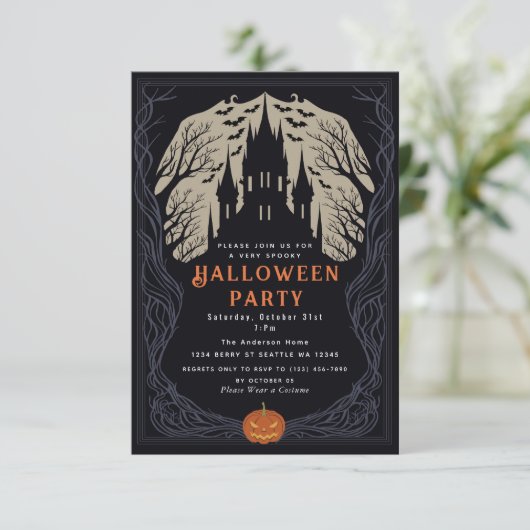 Spooky Gothic Castle Halloween-Party Einladung (Stehend Vorderseite)
