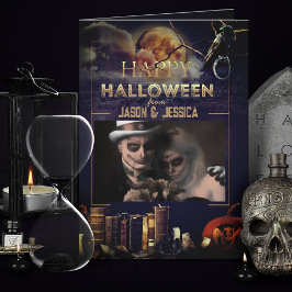 Spooky Gothic Raven Full Moon Foto Halloween Card Dankeskarte