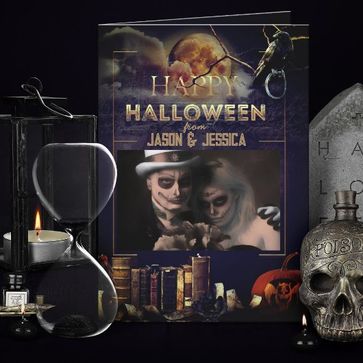 Spooky Gothic Raven Full Moon Foto Halloween Card Dankeskarte