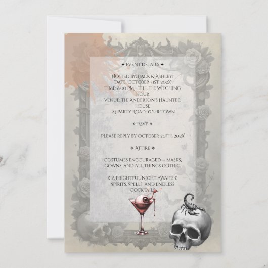 Spooky Gothic Skull Rose Kostüm Cocktail Party Einladung (Rückseite)