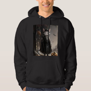 Spooky-graue Katze-Magier im Nebelwald Halloween Hoodie