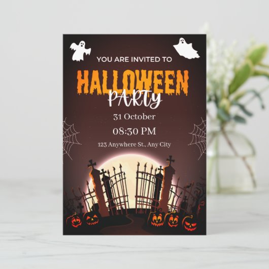 Spooky Graveyard Ghosts & Pumpkins Halloween-Party Einladung (Stehend Vorderseite)