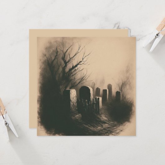 Spooky Graveyard Vintag Illustration Goth Karte (Vorderseite/Rückseite Beispiel)