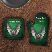 Spooky Gray Flying Bat Glowing Green Cave Ofenhandschuh & Topflappen-Set