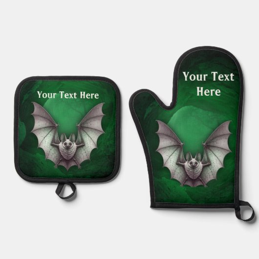 Spooky Gray Flying Bat Glowing Green Cave Ofenhandschuh & Topflappen-Set (Vorderseite)