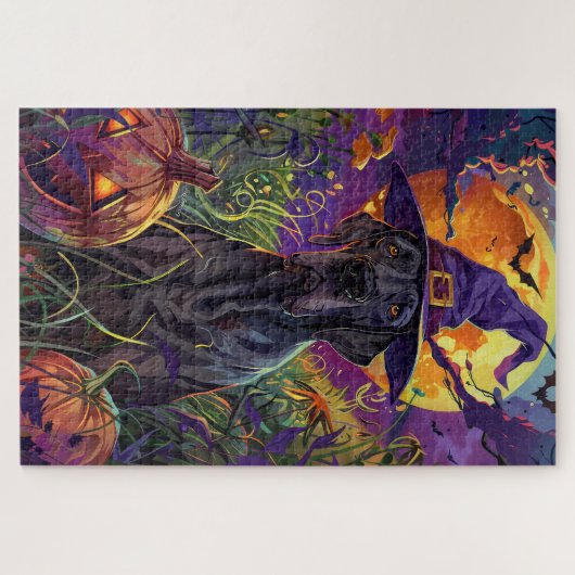 Spooky Great Dane Halloween Hexenkürbis Puzzle (Horizontal)