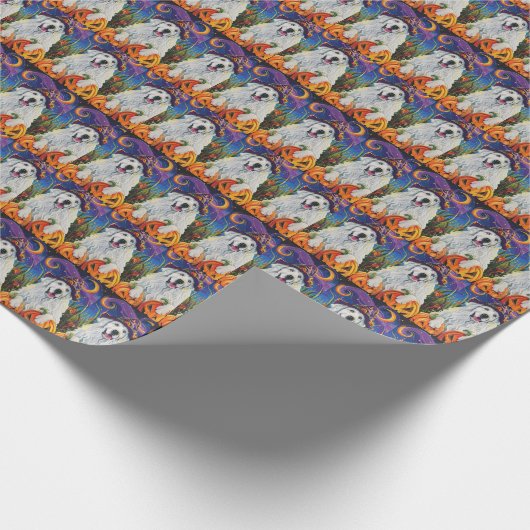 Spooky Great Pyrenäen Hund Halloween Hexenkürbis Geschenkpapier (Ecke)
