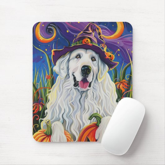 Spooky Great Pyrenäen Hund Halloween Hexenkürbis Mousepad (Mit Mouse)