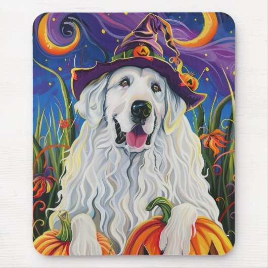 Spooky Great Pyrenäen Hund Halloween Hexenkürbis Mousepad (Vorne)