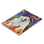 Spooky Great Pyrenäen Hund Halloween Hexenkürbis Notizblock (Linke Seite)