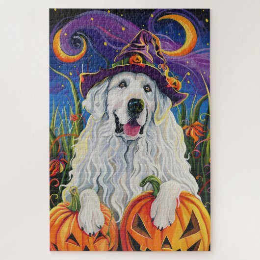 Spooky Great Pyrenäen Hund Halloween Hexenkürbis Puzzle (Vertikal)