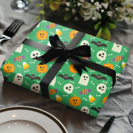 Spooky Green Ghost, Bat & Skull Halloween Geschenkpapier