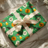 Spooky Green Ghost, Bat & Skull Halloween Geschenkpapier