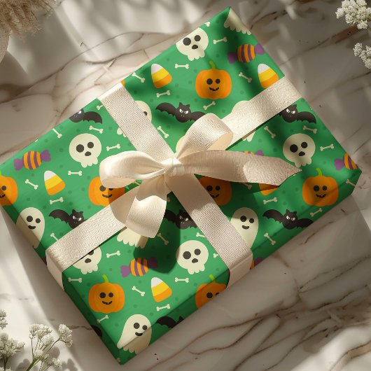 Spooky Green Ghost, Bat & Skull Halloween Geschenkpapier