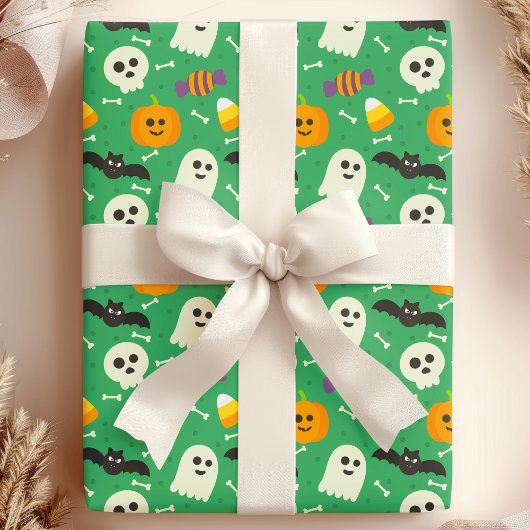 Spooky Green Ghost, Bat & Skull Halloween Geschenkpapier