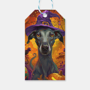 Spooky Greyhound Hund Halloween Hexe und Pumpkin Geschenkanhänger