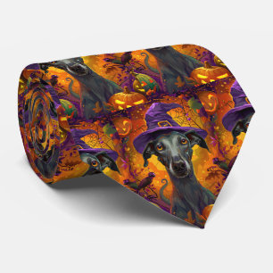 Spooky Greyhound Hund Halloween Hexe und Pumpkin Krawatte