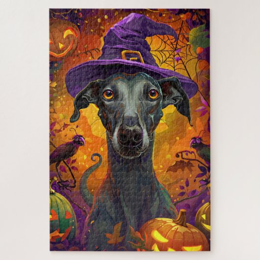 Spooky Greyhound Hund Halloween Hexe und Pumpkin Puzzle (Vertikal)