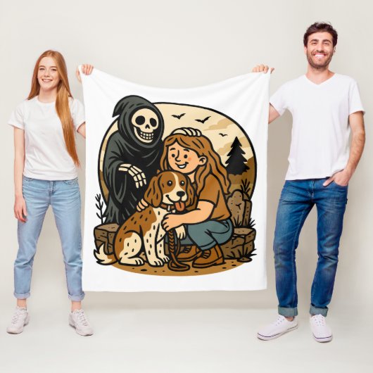 Spooky Grim Reaper with Girl and Dog Skeleton Art Fleecedecke (Beispiel)