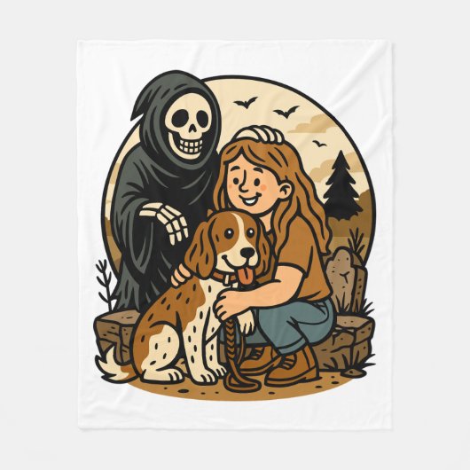 Spooky Grim Reaper with Girl and Dog Skeleton Art  Fleecedecke (Vorderseite)