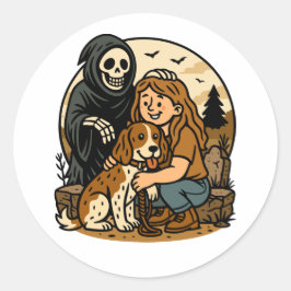 Spooky Grim Reaper with Girl and Dog Skeleton Art  Runder Aufkleber