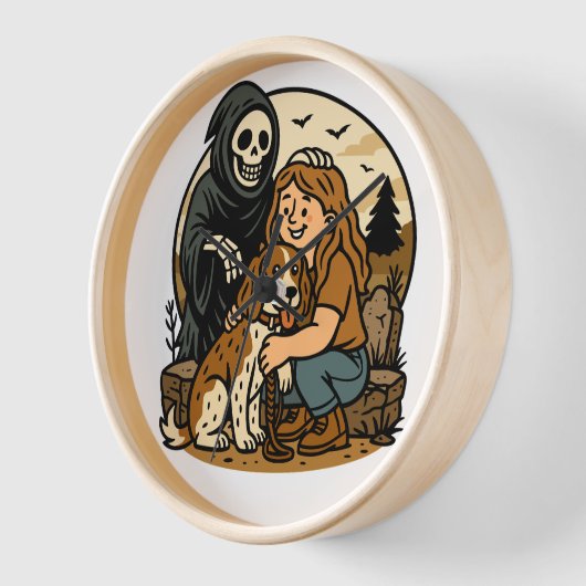 Spooky Grim Reaper with Girl and Dog Skeleton Art Uhr (Winkel)