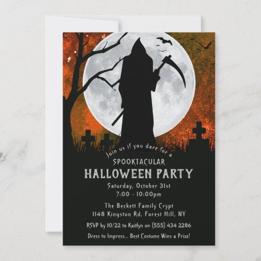 Spooky Grim Sensenmann Graveyard Halloween-Party Einladung (Vorderseite)