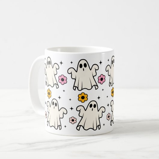 Spooky Groovy Ghosts & Blume Halloween Kaffeetasse (Vorderseite Links)