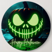 Spooky grün leuchtender Halloweenkürbis Button (Vorderseite)