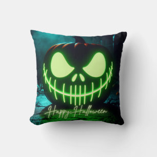 Spooky grün leuchtender Halloweenkürbis Kissen
