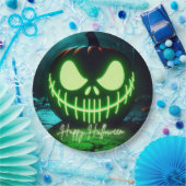 Spooky grün leuchtender Halloweenkürbis Pappteller (Party)