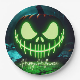 Spooky grün leuchtender Halloweenkürbis Pappteller