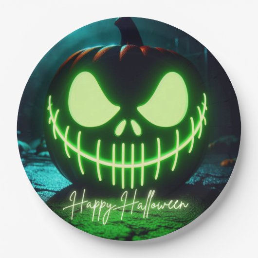 Spooky grün leuchtender Halloweenkürbis Pappteller (Vorderseite)