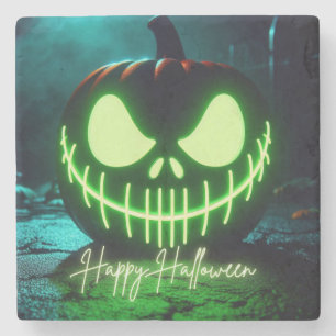 Spooky grün leuchtender Halloweenkürbis Steinuntersetzer