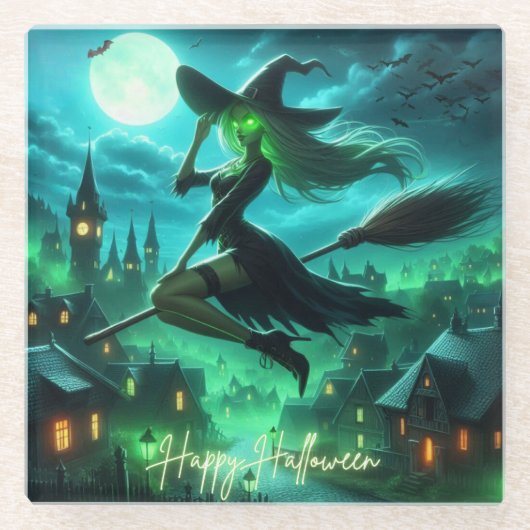 Spooky-grüne Aura Halloween-Hexe Glasuntersetzer (Vorderseite)