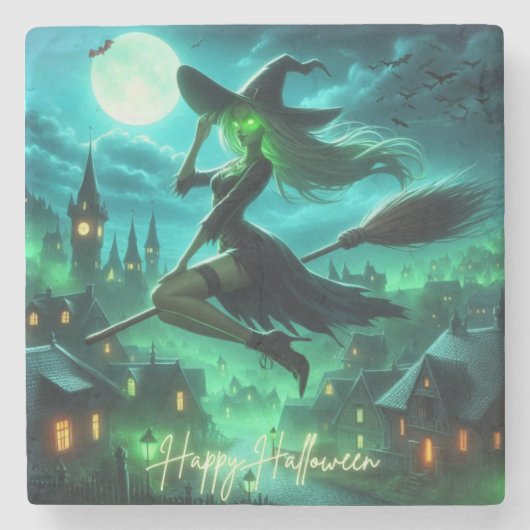 Spooky-grüne Aura Halloween-Hexe Steinuntersetzer (Vorderseite)