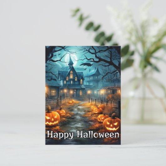 Spooky gut beleuchtet Nefarious Pumpkin glücklich  Postkarte (Stehend Vorderseite)