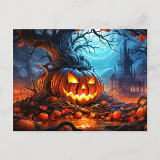 Spooky Gwer Pumpkin im Wald Postkarte