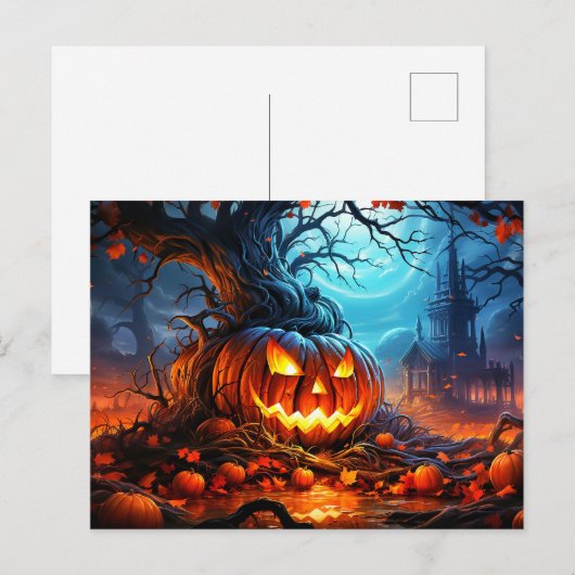Spooky Gwer Pumpkin im Wald Postkarte (Vorne/Hinten)