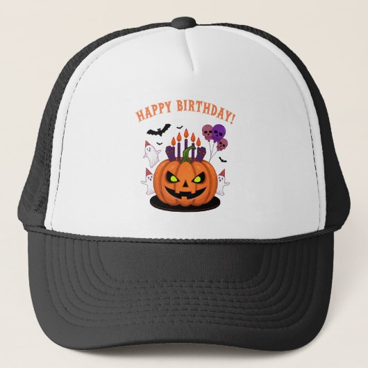 Spooky Halloween B-Tag Pumpkin Cake & Ghosts Truckerkappe (Vorderseite)