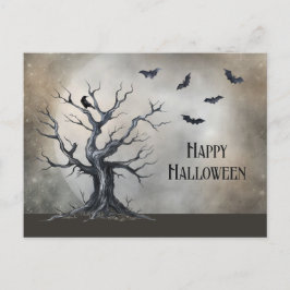 Spooky Halloween Baum mit Raven und Fledermäusen Postkarte