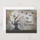 Spooky Halloween Baum mit Raven und Fledermäusen Postkarte (Vorne/Hinten)