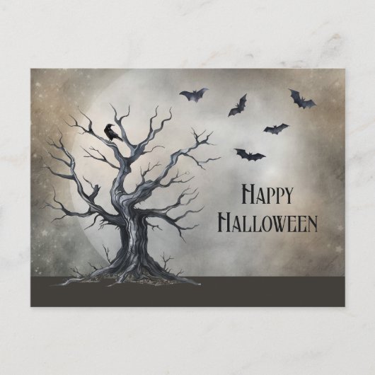 Spooky Halloween Baum mit Raven und Fledermäusen Postkarte (Vorderseite)