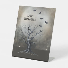 Spooky Halloween Baum mit Raven und Fledermäusen Sockelschild