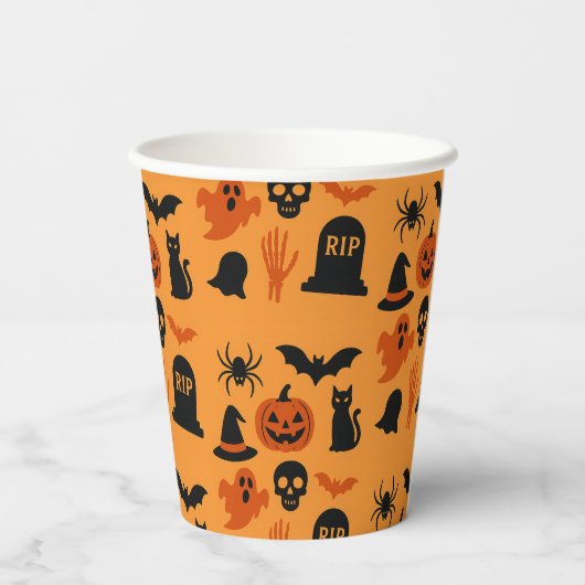 Spooky Halloween Black and Orange Trick oder Treff Pappbecher (Rückseite)