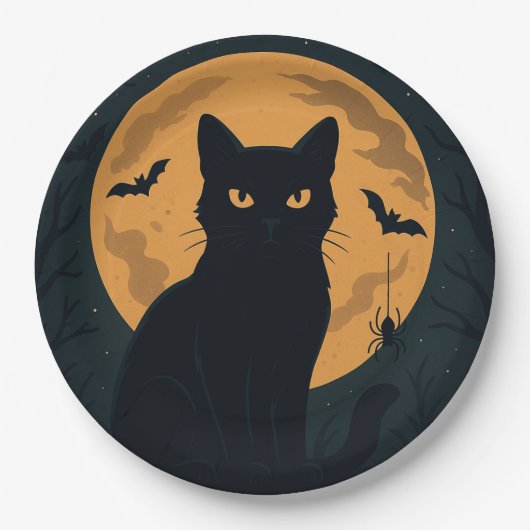 Spooky Halloween Black Cat Silhouette Vollmond Pappteller (Vorderseite)