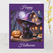 Spooky Halloween Black Kitten Karte (Gelbe Blume)